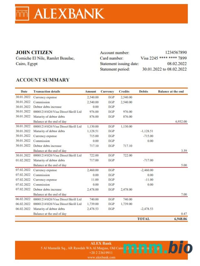 Egipt Alex bank Egiptu szablon oświadczenia w programie Word i PDF